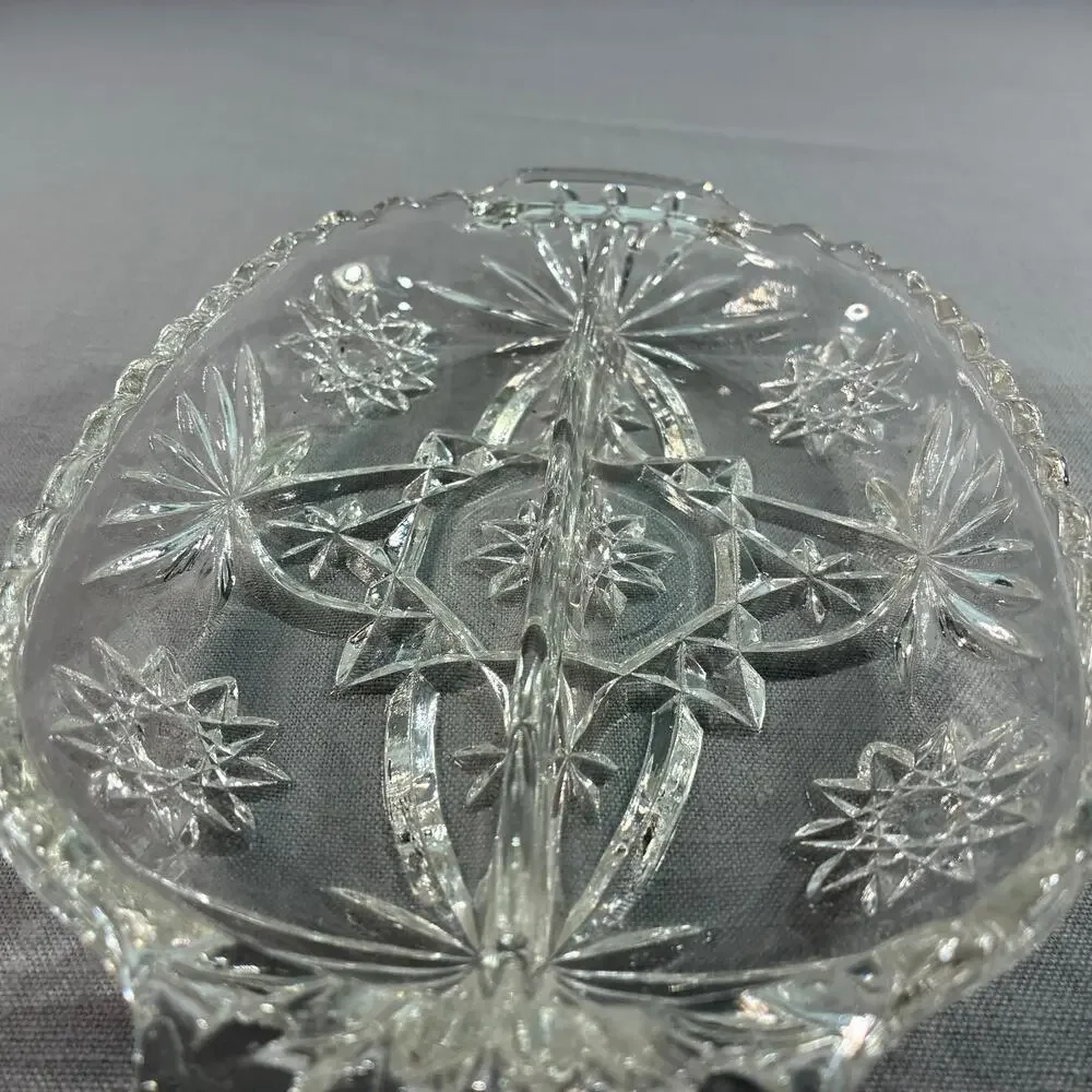 Vintage Clear Cut Glass Relish Tray Oval Handled Serving Dish Candy Nut Bowl